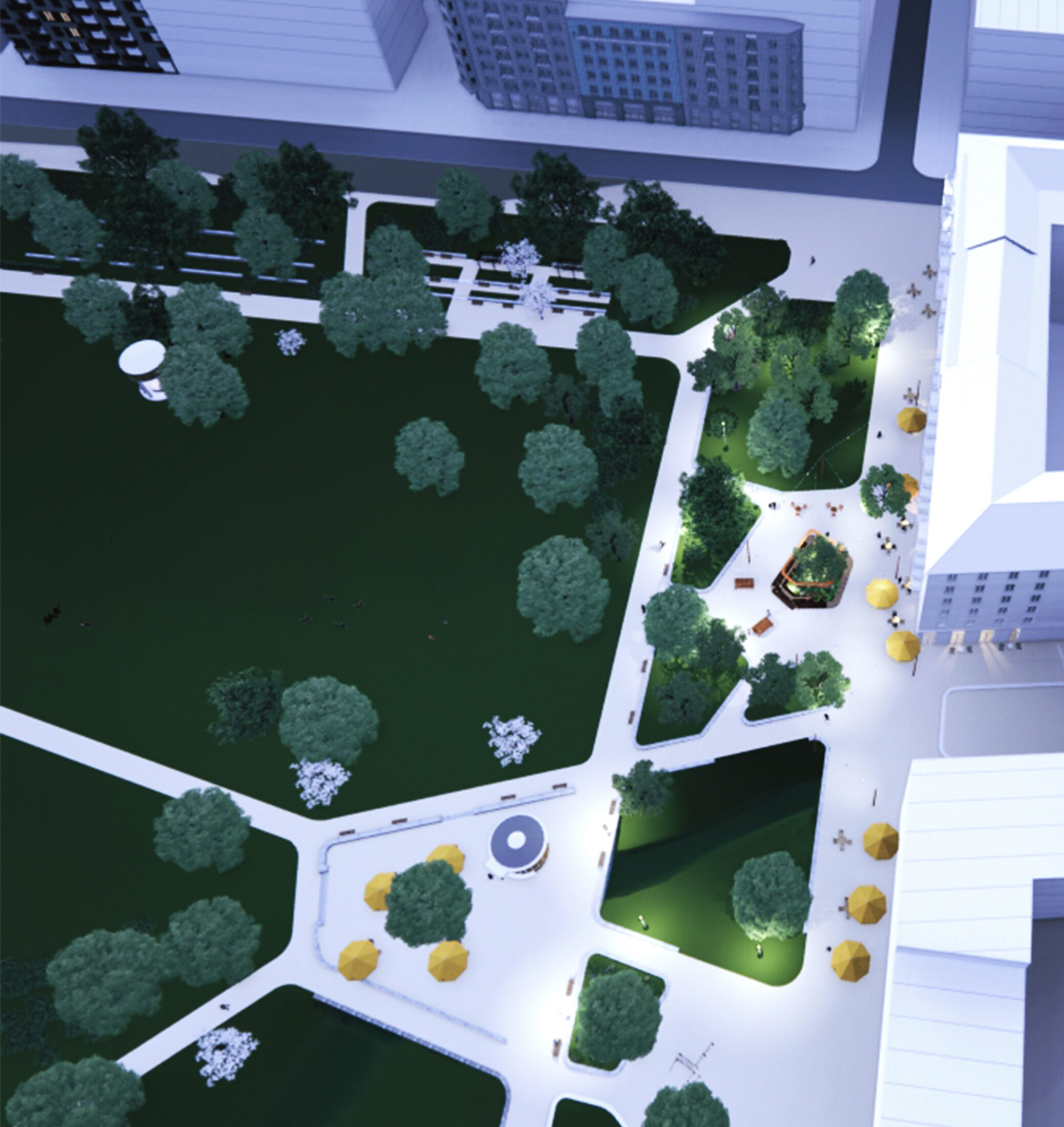 Utredningsskiss vy över torg kvällstid