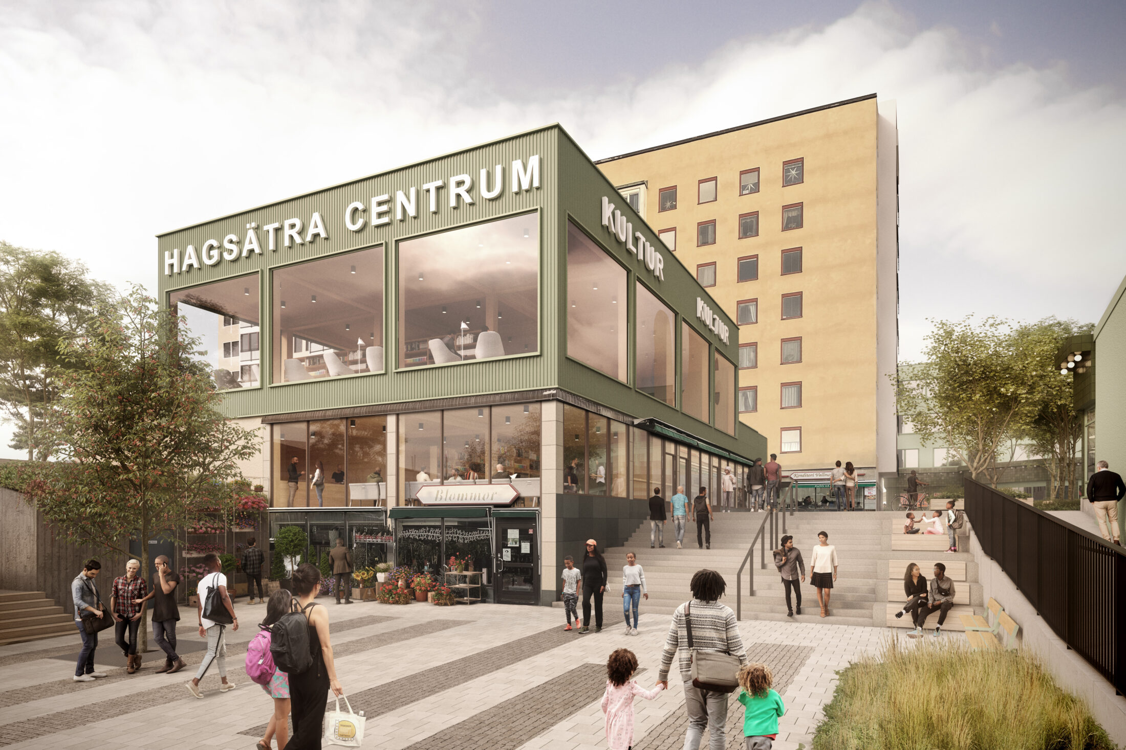 Illustration tillbyggnad vid Långskylen 6. Illustration: Tengbom, Ikano. Västra Hagsätra - Antikvarisk konsekvensanalys. Nyréns landskapsarkitekter, stadsbyggnad och kulturmiljö