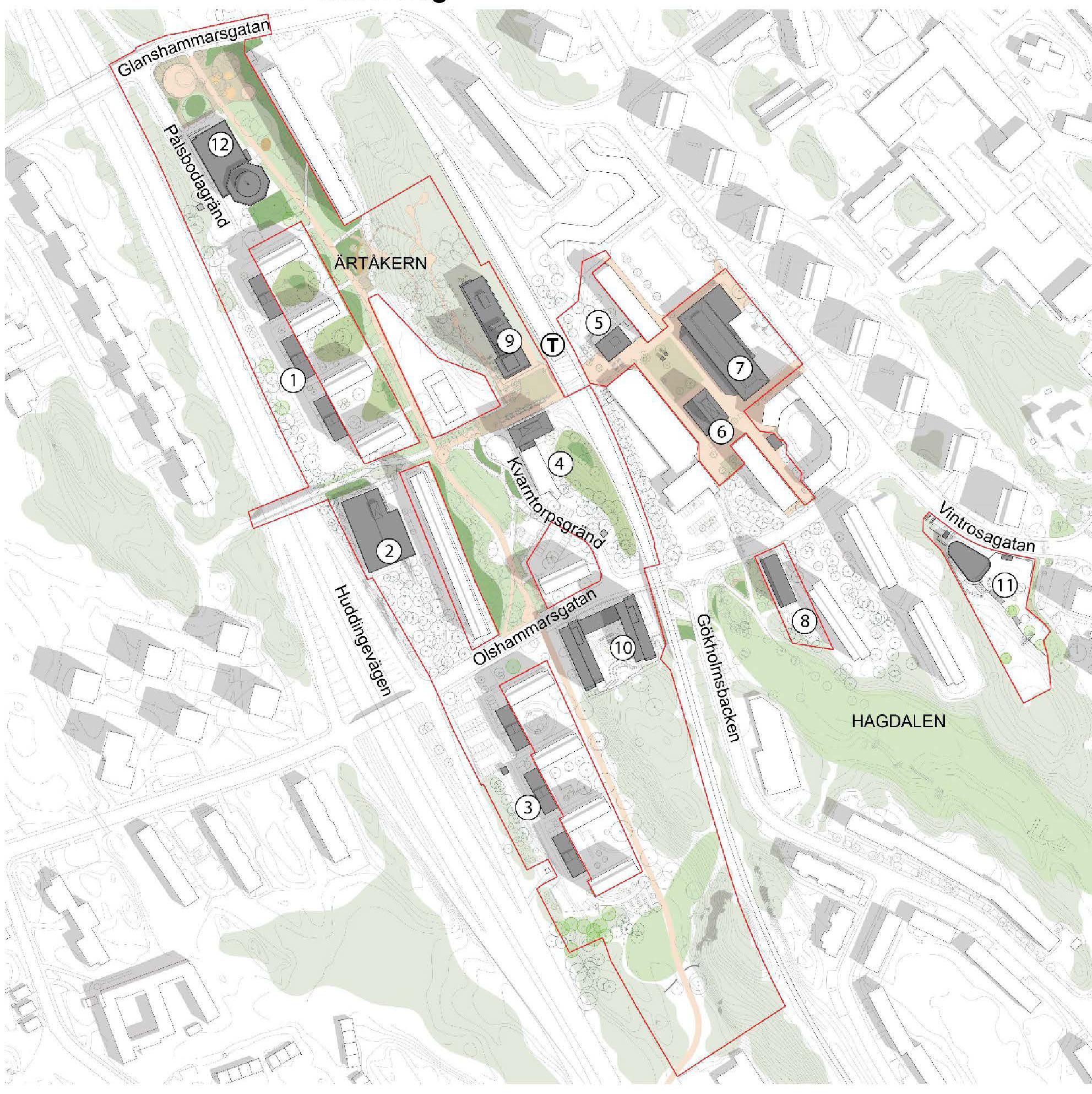 Planförslag med tillkommande bebyggelse i grått. Västra Hagsätra - Antikvarisk konsekvensanalys. Nyréns landskapsarkitekter, stadsbyggnad och kulturmiljö