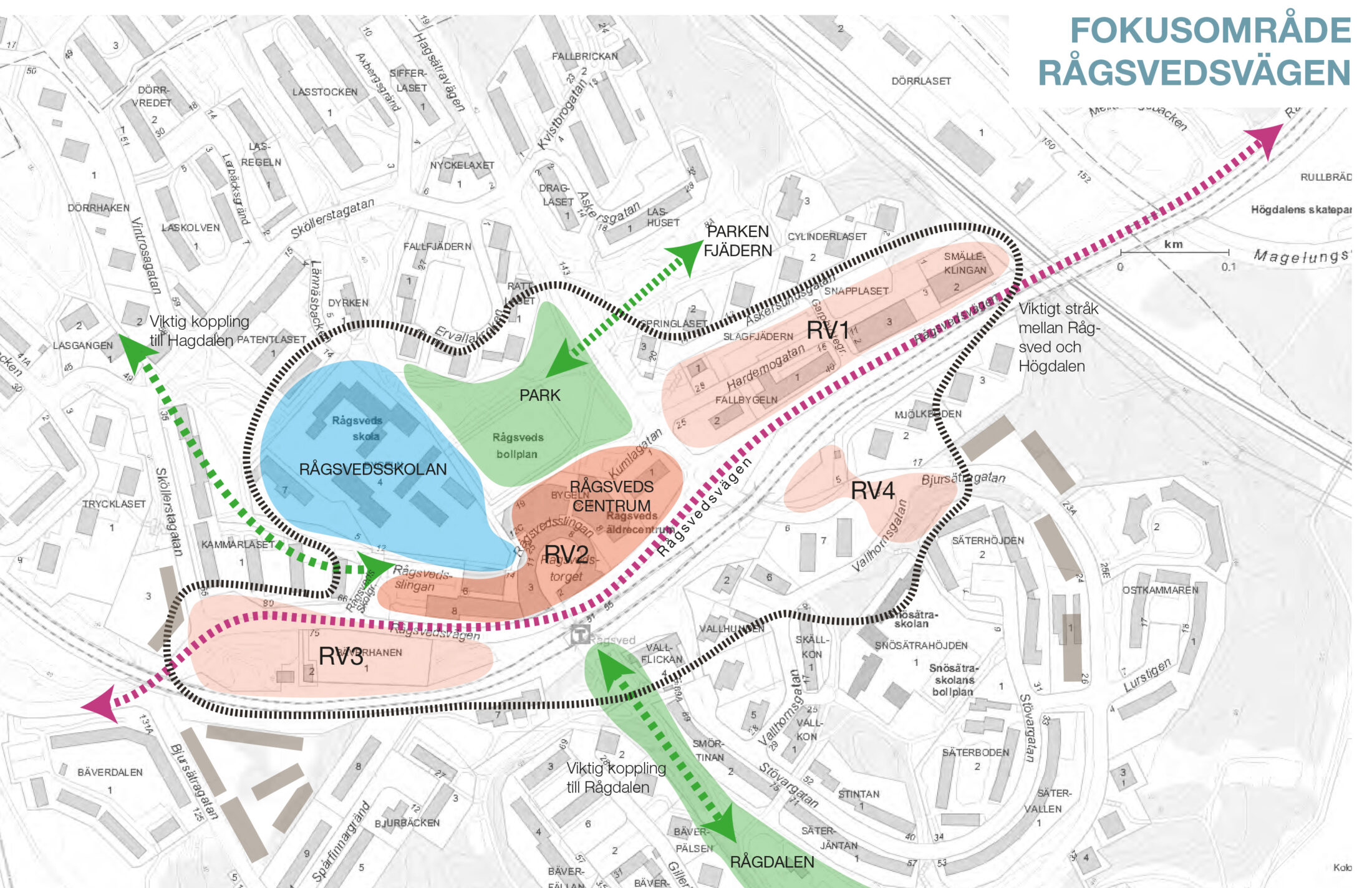 Fokusområde Rågsvedsvägen med föreslagna ytor för utveckling. Illustration: Stockholm stad. Hagsätra och Rågsved - Konsekvensanalys av strukturskiss