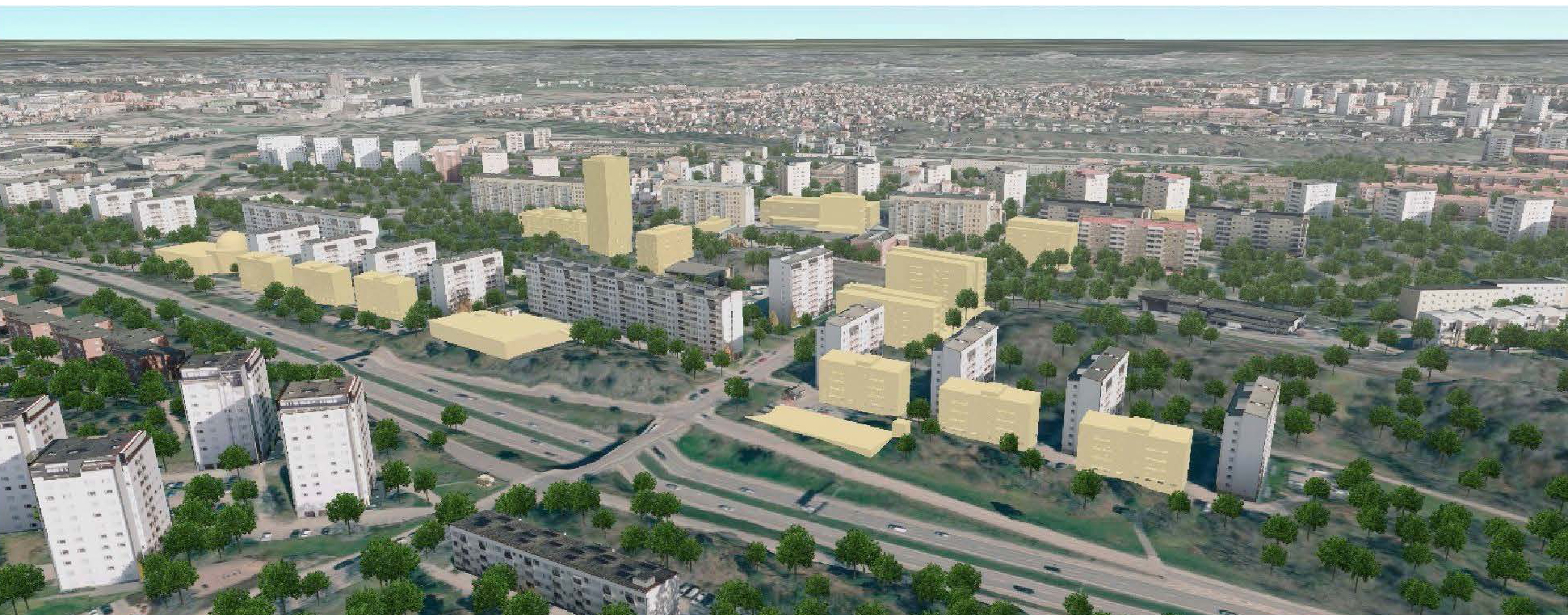 Vy av planförslaget sett från Ormkärr/Huddingevägen. Tillkommande bebyggelse i gult. Bild: Stockholms stad. Västra Hagsätra - Antikvarisk konsekvensanalys. Nyréns landskapsarkitekter, stadsbyggnad och kulturmiljö