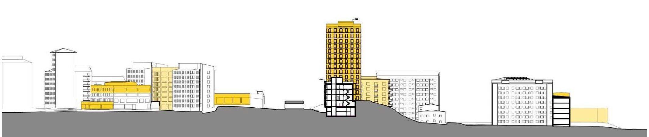 Sektion genom planområdet som visar den nya centrummarkören. Till vänster vid Hagsätra torg och till höger bostäderna som bildar en ny bebyggelsefront mot Huddingevägen. Tillkommande bebyggelse i gult. Bild: Belatchew arkitekter och Tengbom. Västra Hagsätra - Antikvarisk konsekvensanalys. Nyréns landskapsarkitekter, stadsbyggnad och kulturmiljö
