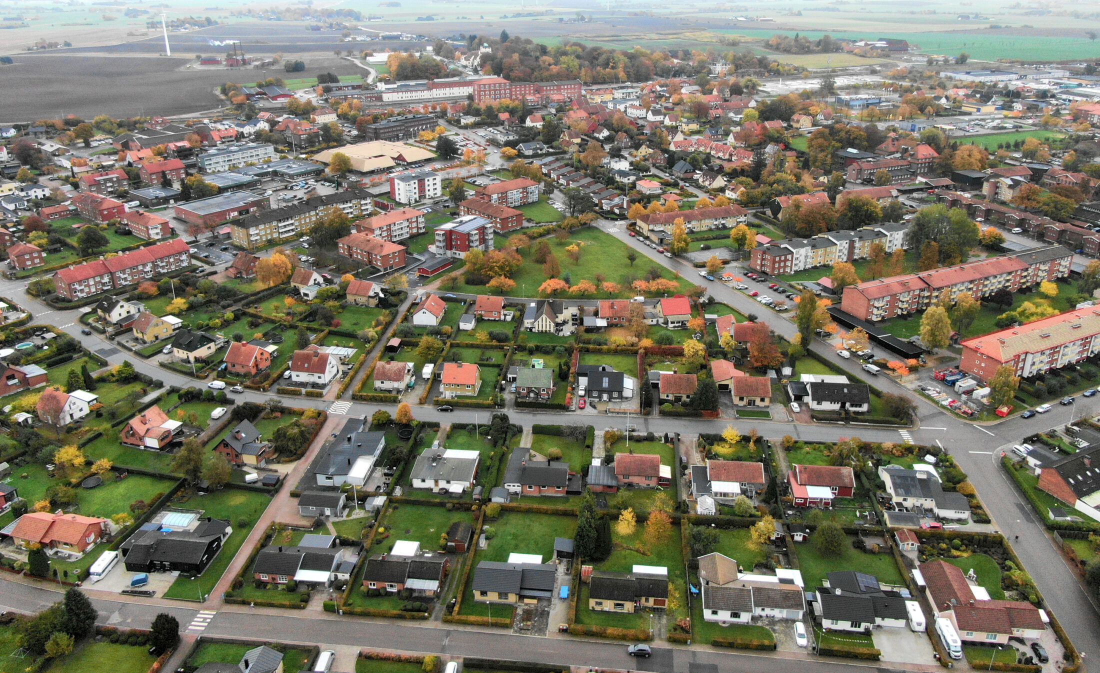 Flygfoto Svalövs tätort. Arkitekturpolicy Svalöv. Nyréns kulturmiljö, landskapsarkitektur, arkitektur