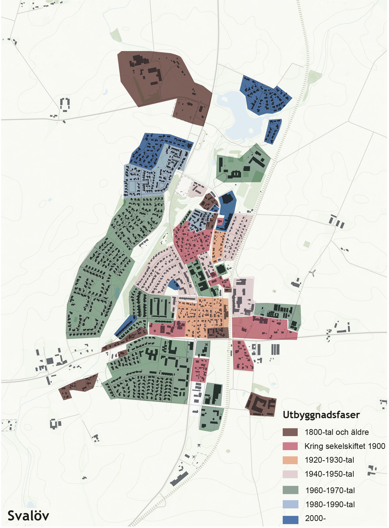 Illustration över olika utbyggnadsfaser i Svalövs tätort. Arkitekturpolicy Svalöv. Nyréns kulturmiljö, landskapsarkitektur, arkitektur