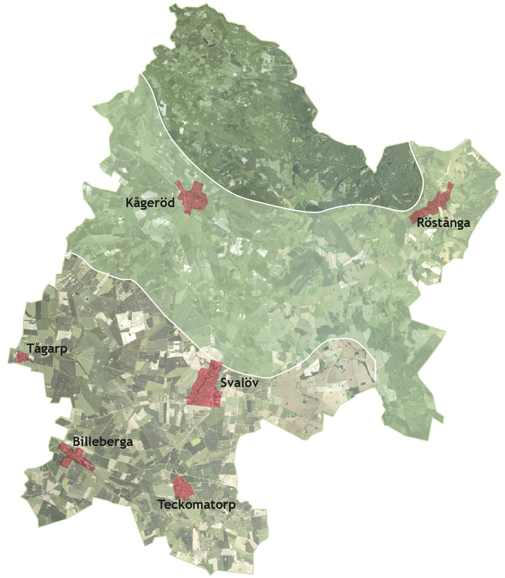 Illustration med de olika tätorterna och landskapstyperna i Svalövs kommun. Arkitekturpolicy Svalöv. Nyréns kulturmiljö, landskapsarkitektur, arkitektur