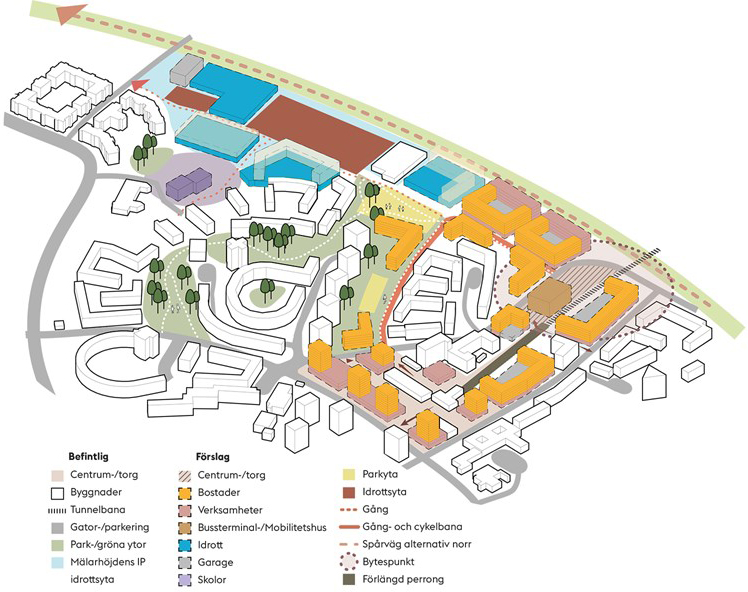 Illustration över föreslagen stadsutveckling. Program för Fruängen, Stockholm stad