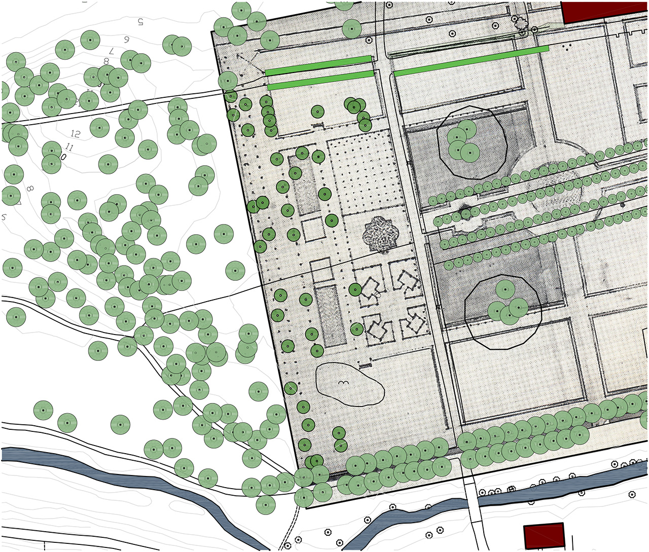 Ulriksdals slottspark, kartöverlägg med plan från 1664