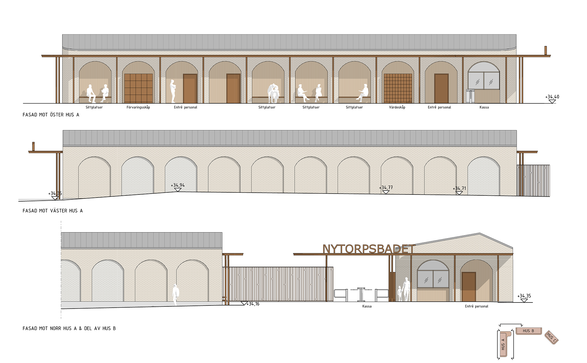 Nytorpsbadet, fasader hus A och B