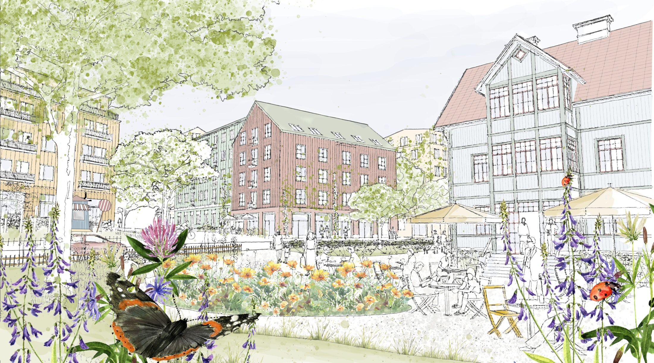 Perspektiv, Birkas hjärta, Birkaområdet Nacka. Nyréns arkitektkontor.